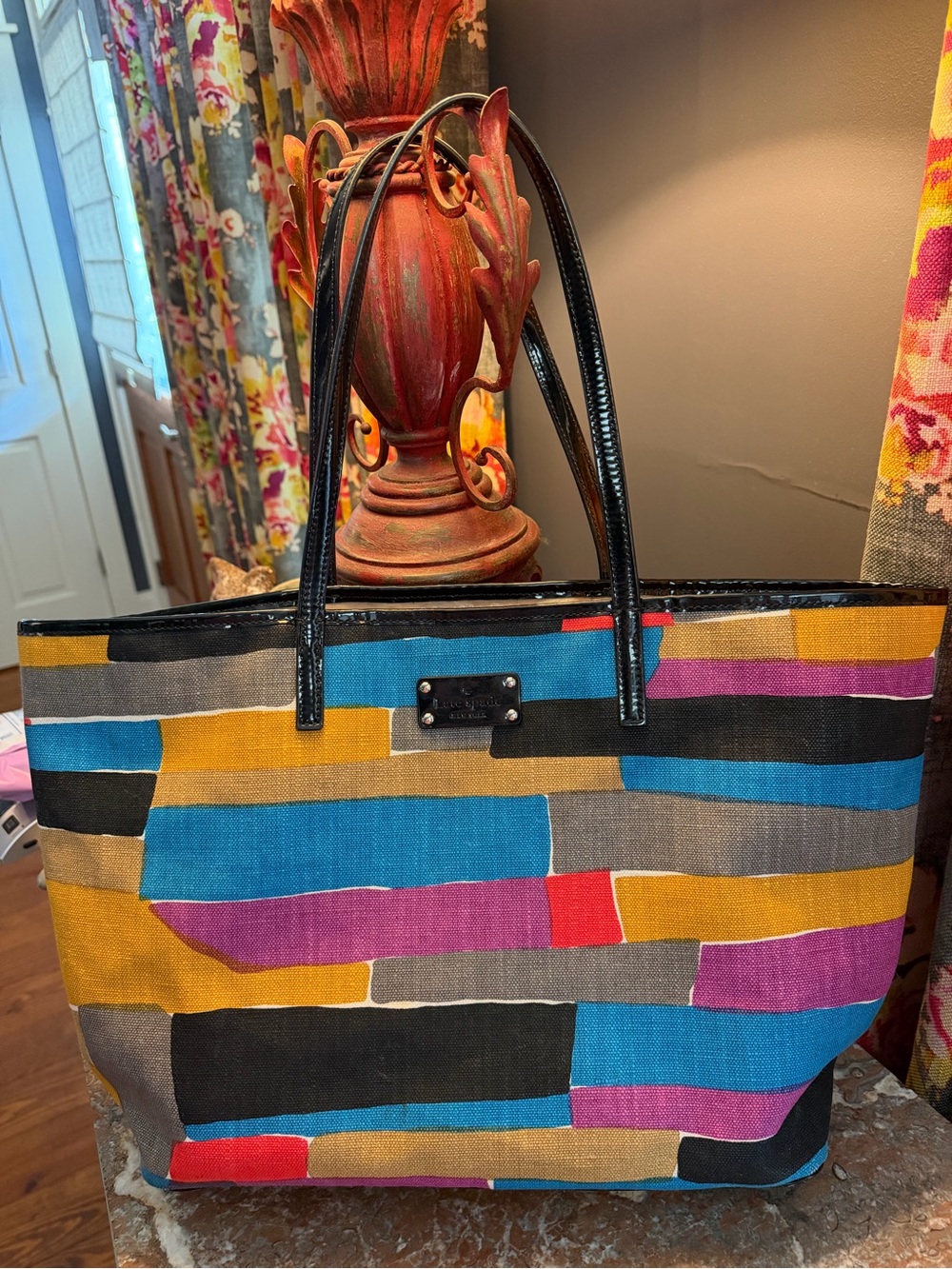Kate Spade Colorblock Canvas Tote Bag in Mustard, Blue, Magenta & Black